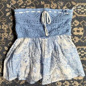 Hollister Blue Floral Pointelle Smocked Peplum Strapless Tube Top Womens XS